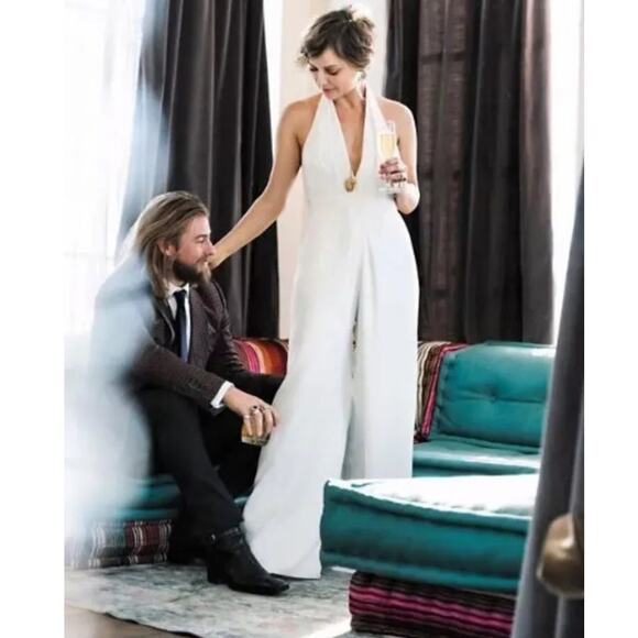 Jill Jill Stuart Mara Deep V Jumpsuit Off White Size 12 Anthropologie Open Back - Picture 2 of 13